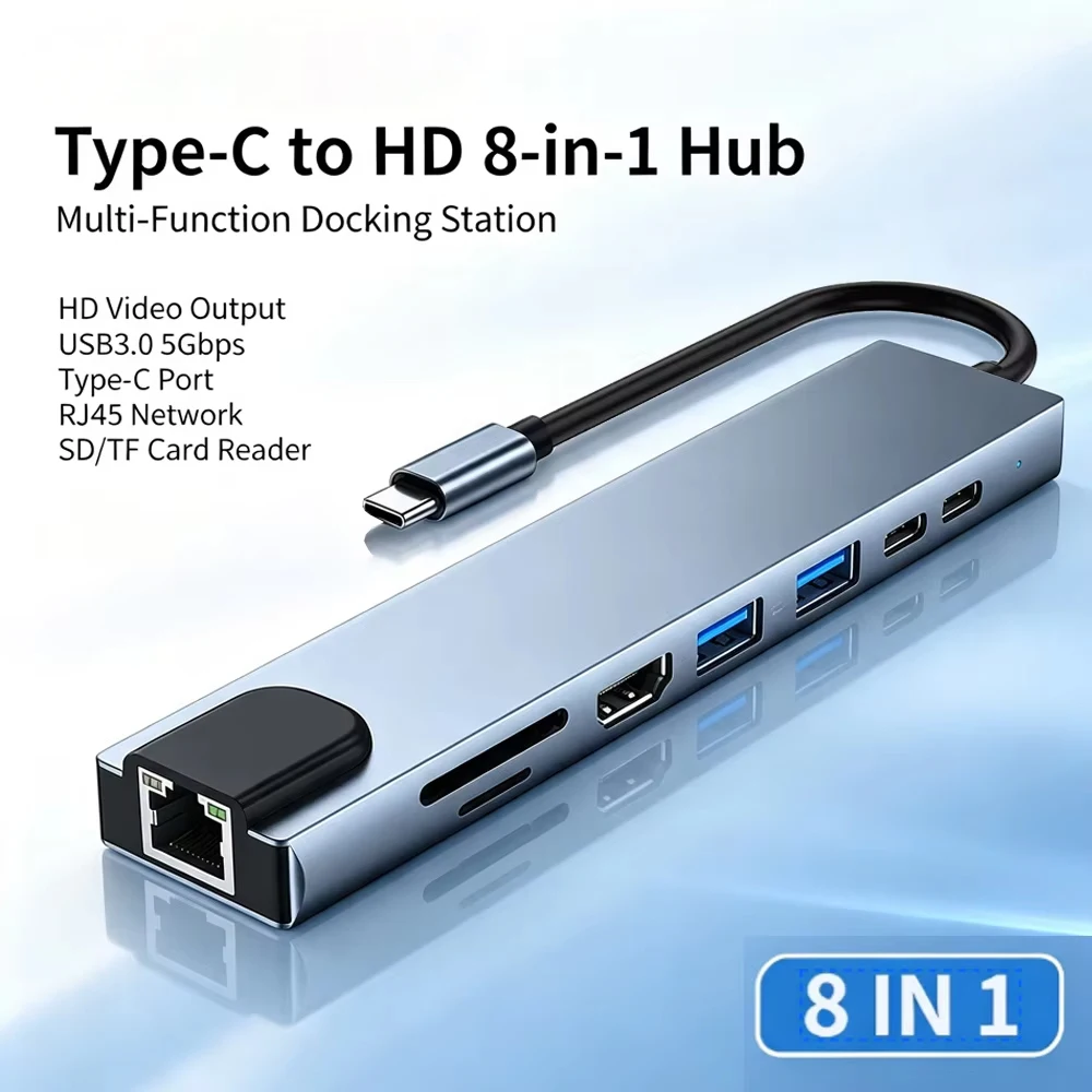 USB C Hub 8 In 1 Type C 3.1 To 4K HDMI-compatible Adapter with RJ45 SD/TF Card Reader PD Fast Charge for MacBook Noteb