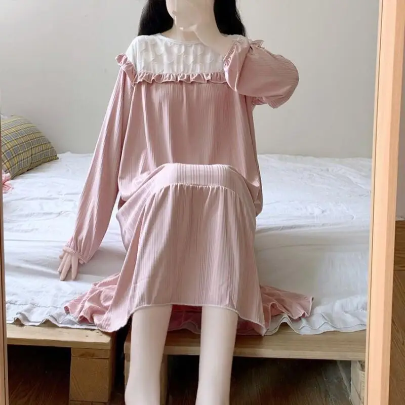 

Long Length Japanese Sweet Ins Style Nightgown for Women in Autumn and Summer 2025 New Long Sleeved Pajama Dress for Home Wear