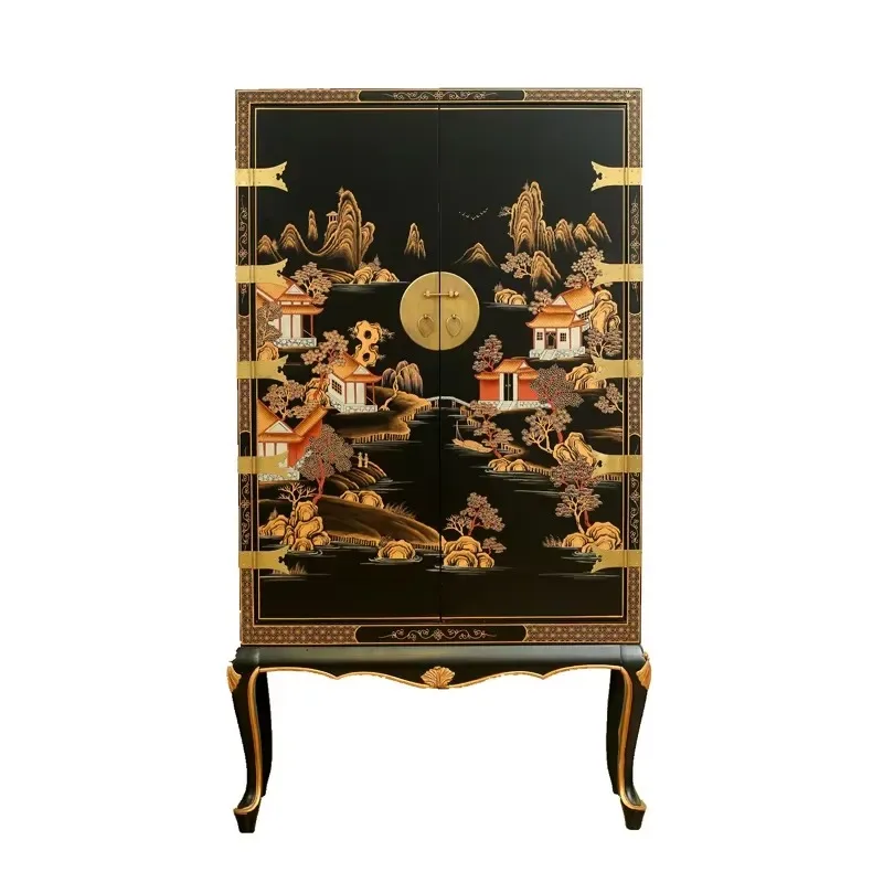 Custom Neoclassical Chinese Solid Camphor Wood Hand Painted Antique Decorative Cabinet Bedroom Wardrobe Furniture