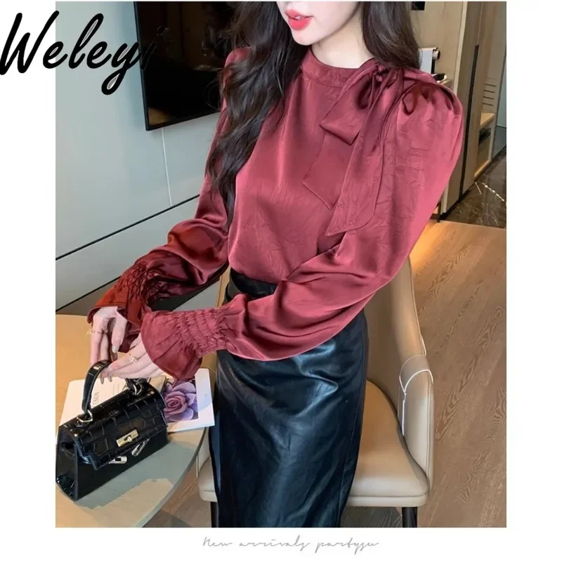 French Socialite Retro Satin Bow Shirt Ladies Autumn High-end Temperament Women's Ankora Red Long Flared Sleeve Base Top Blouse