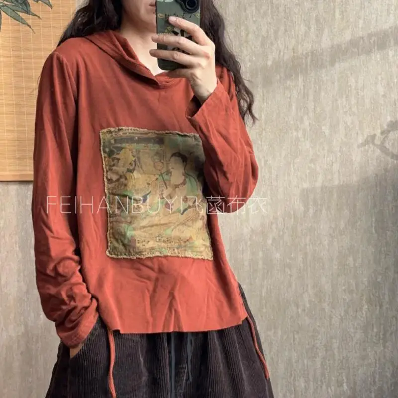 

New Spring Autumn Arts Style Women Long Sleeve Hooded Tshirt Patchwork Design Cotton Casual Tee Shirt Femme Tops High Quality