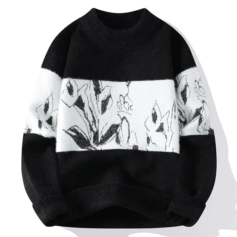 เสื้อสเวตเตอร์พิมพ์ลายหญ้าและไม้เสื้อสเวตเตอร์ฮิปฮอปคอเต่าครึ่งท่อนของผู้ชายเสื้อสวมหัวกันหนาวสำหรับฤดูหนาว2023