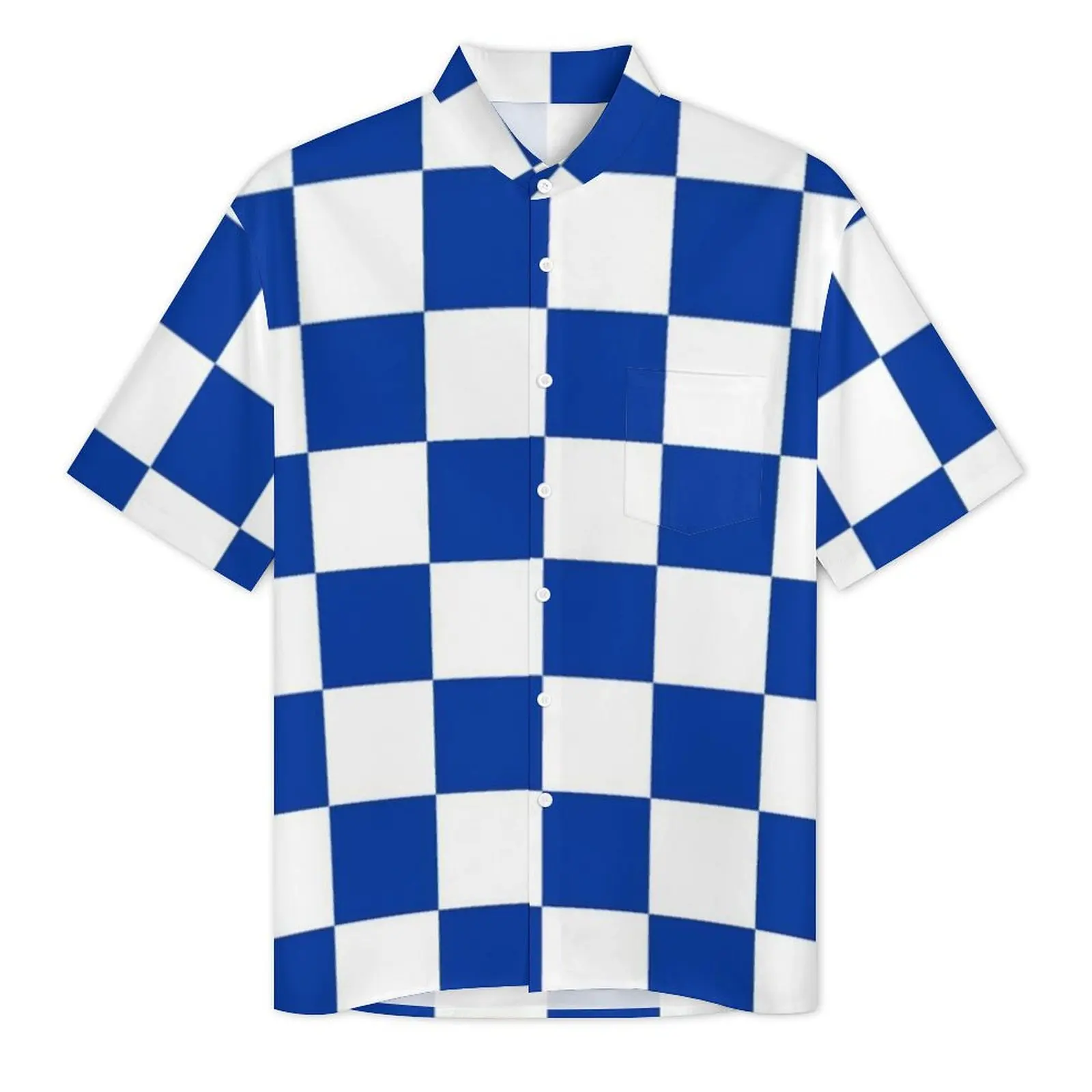 Blue And White Checkerboard Casual Shirt Vintage Checker Print Novelty Hawaiian Shirts Men Short Sleeve Beach Harajuku Blouses