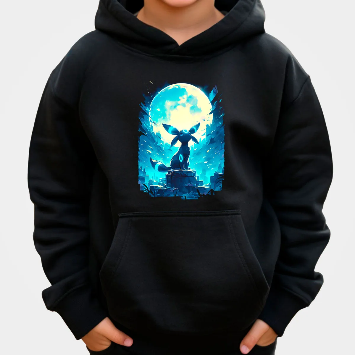 البوكيمون أنيمي Umbreon القطن هوديي اللون الأسود مع كامل القمر الخراب خلفية الأزرق نغمات نمط فضفاضة تناسب الخريف الشتاء الدفء #1