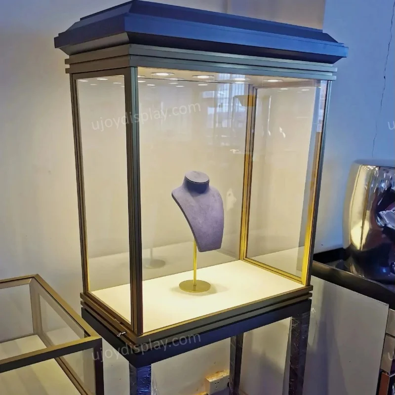 

custom.Ujoy customized brass and black stainless color jewelry vitrine display showcase standing