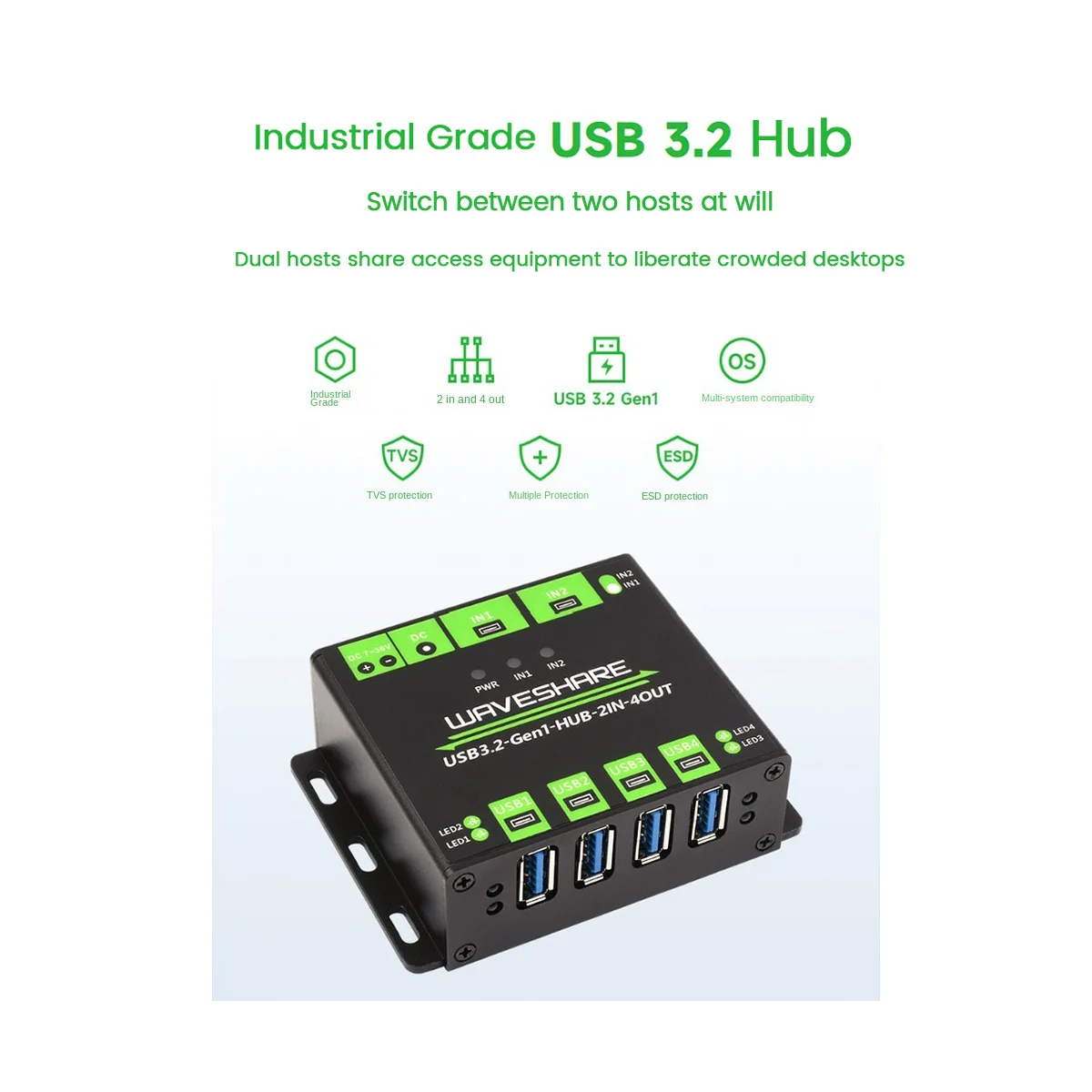 AT87-Waveshare Industrial 4-Way USB3.2 Gen 1 Hub 2IN-4OUT Dual Host Shared Random Switching Multiple Protection Circuit 5Gbps