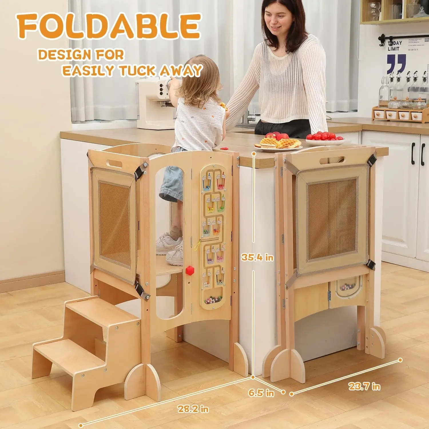 Foldable Toddler Kitchen Stool Helper with 2 Step Stool, Wooden Toddler Stool with Safety Net, Adjustable Height