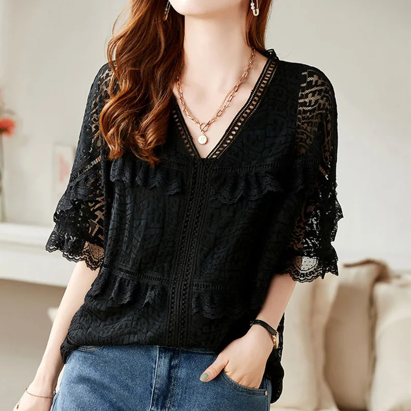 Black Stereoscopic Embroidered Lace V-neck Half Sleeved T-Shirts for Women Summer Clothes Hollow Out Loose-fitting Chiffon Tops