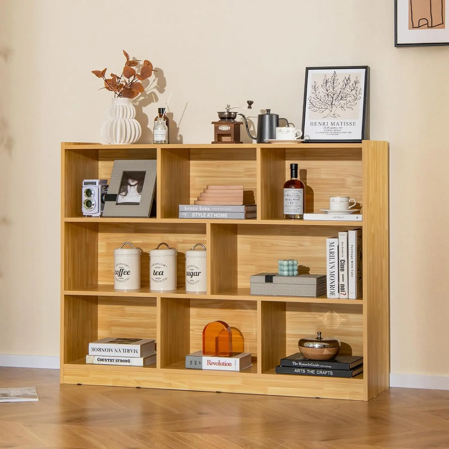 8 Cube Low Bookcase, 3 Shelf Horizontal Bookshelf, 3-Tier Storage Cabinet With Anti-Tipping Device, Modern Storage, Customized