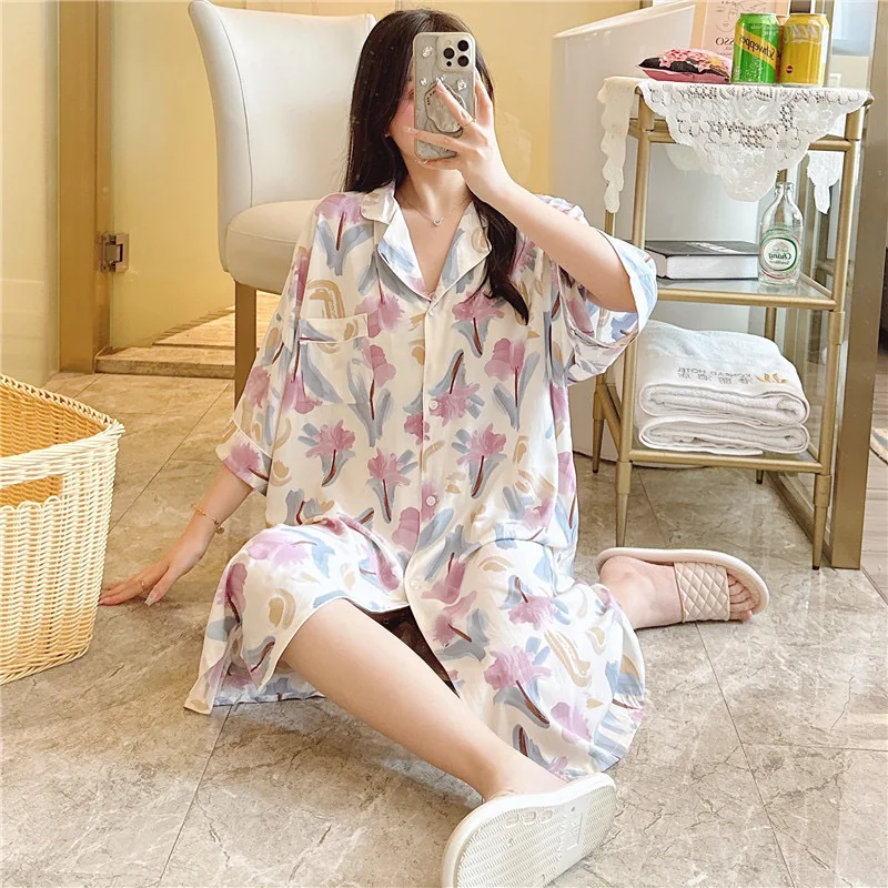 Lapel Sleep Shirt Women Kimono Dressing Down With Buttons Viscose Summer Nightshirt Printed Flower Nightgown Casual Lingerie