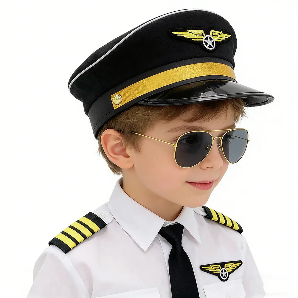 Children's Adjustable Pilot Hat Festival Party Role Playing Captain Hat Glasses Tie Badge Cosplay Accessories Set Props