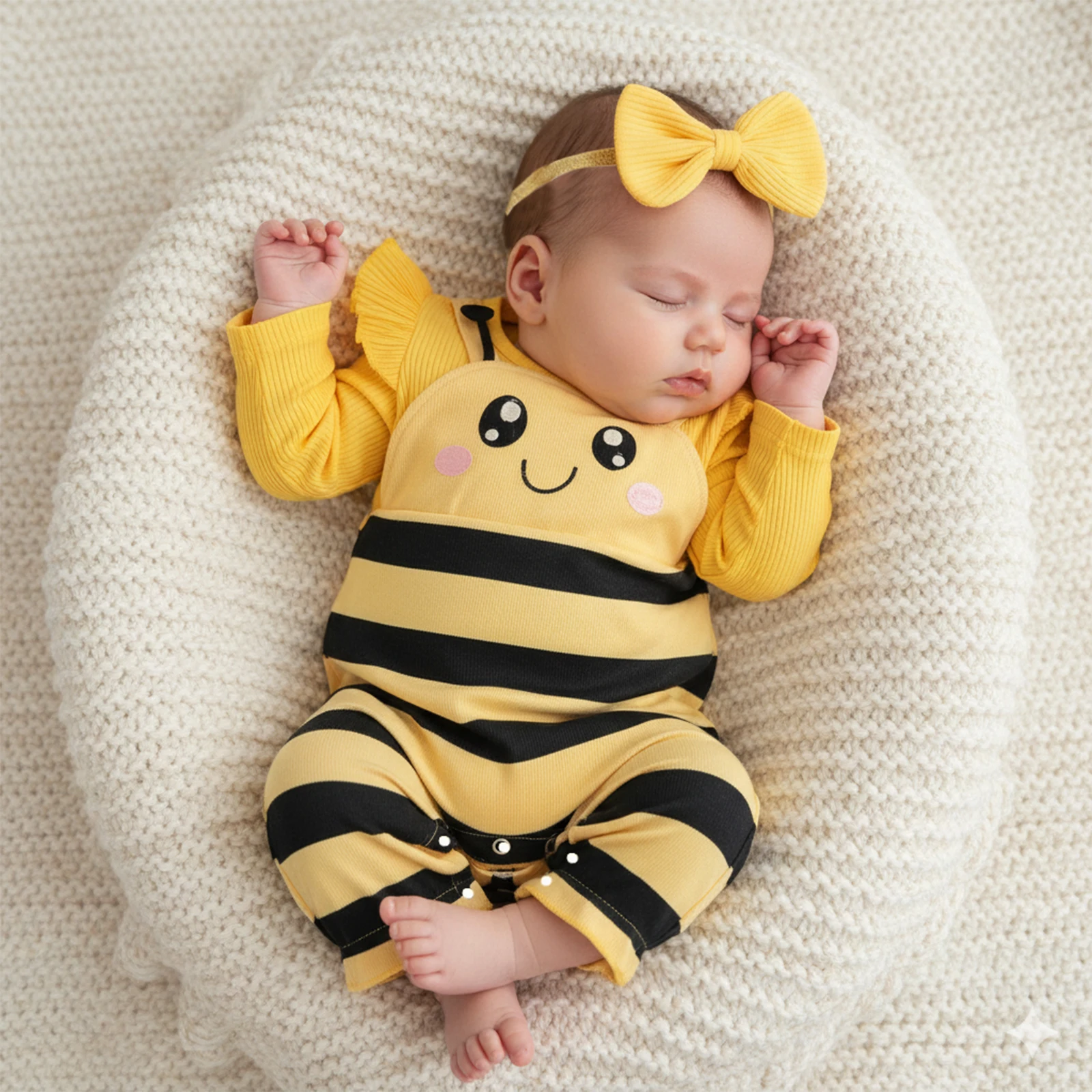 

Baby Girl Spring Outfits Bee Themed Cute Crew Neck Long Sleeve Romper Bow Headband Photography costumes 2 Pcs Set