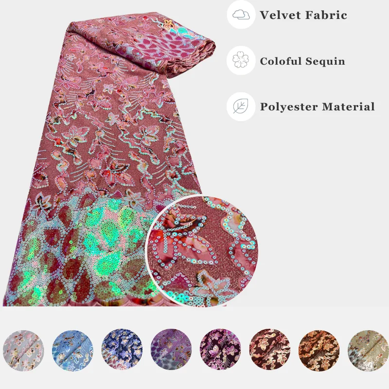 

Colorful African Velvet Tulle Lace Fabric Embroidery Flower Pattern Lace Fabric Glitter Sequin Model Wedding Or Evening Dress