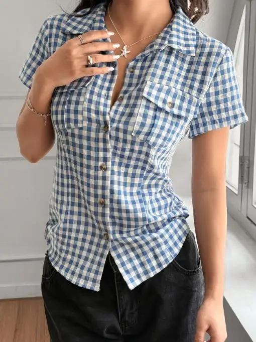 Women's Y2K Plaid Short Sleeve Button down Shirt Spicy Girl Style Autumn Winter Retro Fashion Clothing