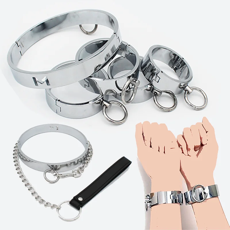 Metal Handcuffs Neck Collar Shackles Ankle Cuffs with Locking Pin Roleplay SM Bondage Adult Game Sex Toys for Women Men