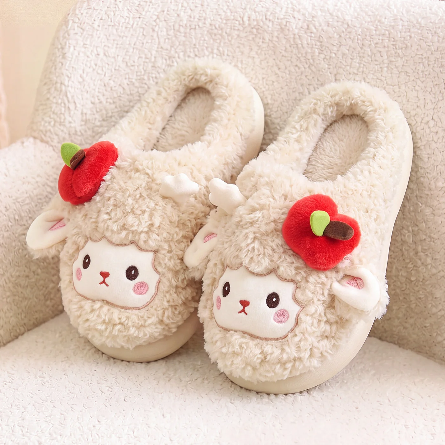 Womens Winter Bow Fuzzy House Slippers Soft Plush Cloud Thick Sole Non‑Slip Indoor Home Slides