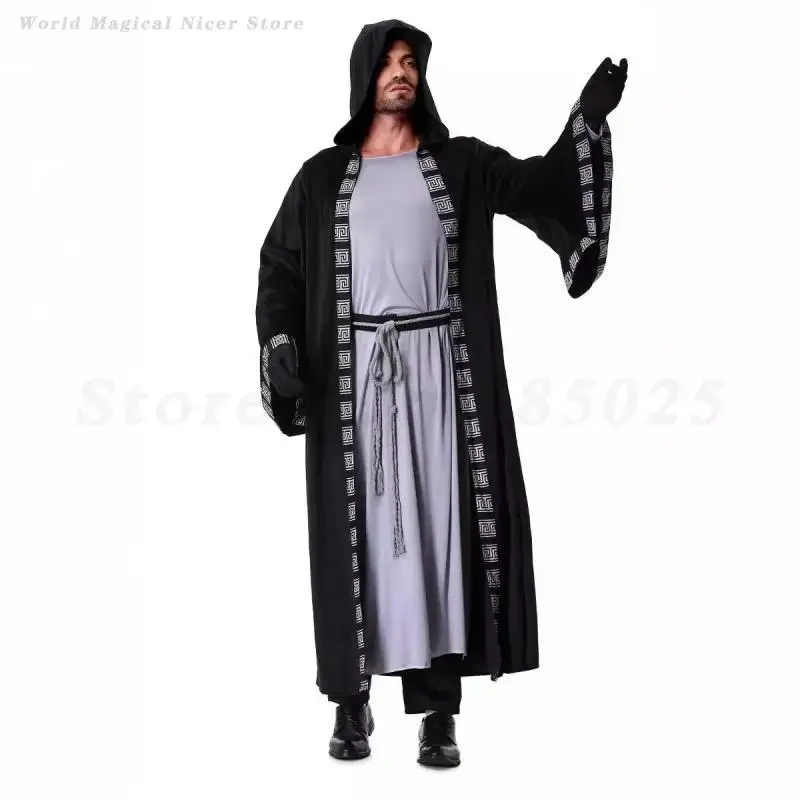 زي الهالوين التأثيري عباءة بقلنسوة للرجال فستان ساحر ملابس عصر النهضة في القرون الوسطى رداء كرنفال ملابس أداء الحفلات