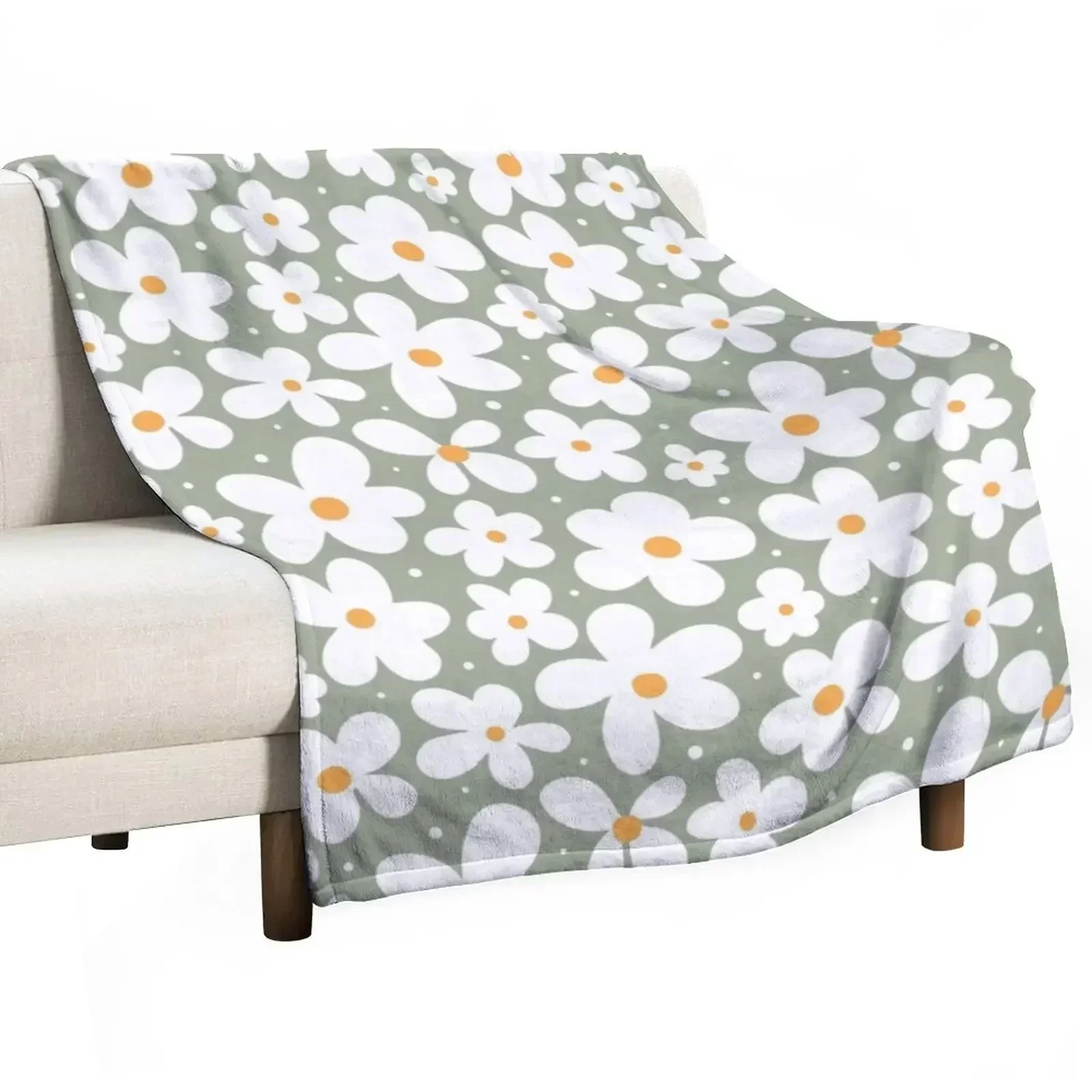 Groovy Daisies Floral Retro Daisy Pattern Sage Olive Green Throw Blanket Soft Big Flannels Decoratives Blankets