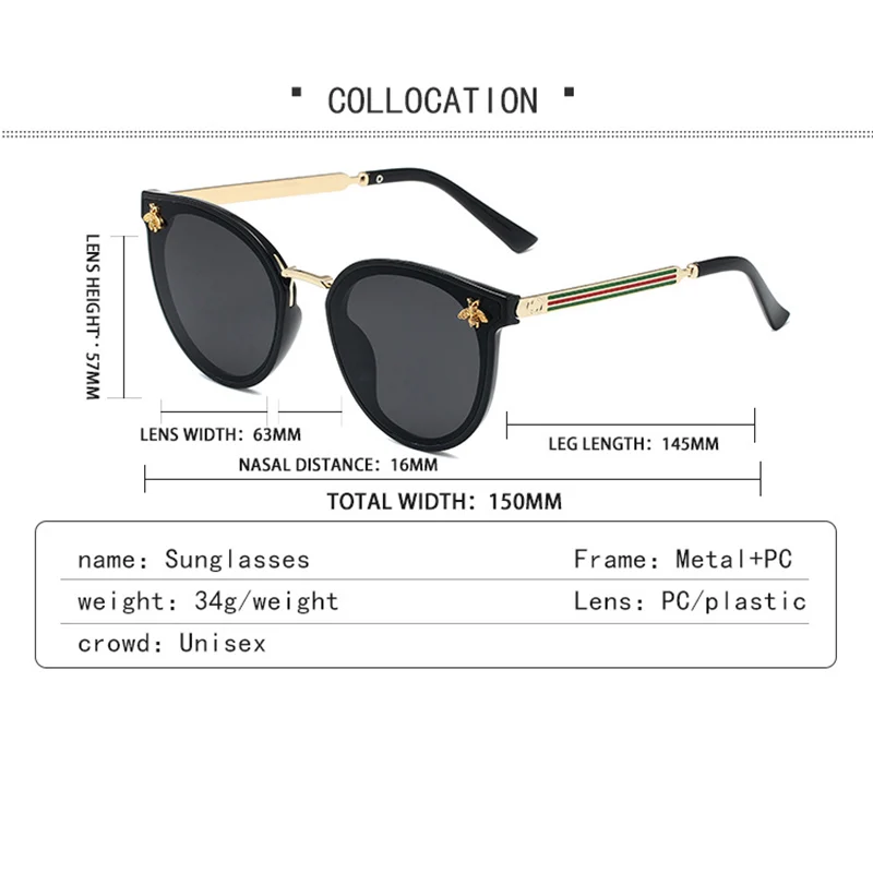 Trendy Round Bee Sunglasses Women Fashion Luxury Brand Gradient Retro Sun Glasses Female Mirror Shades Eyewear Oculos UV400