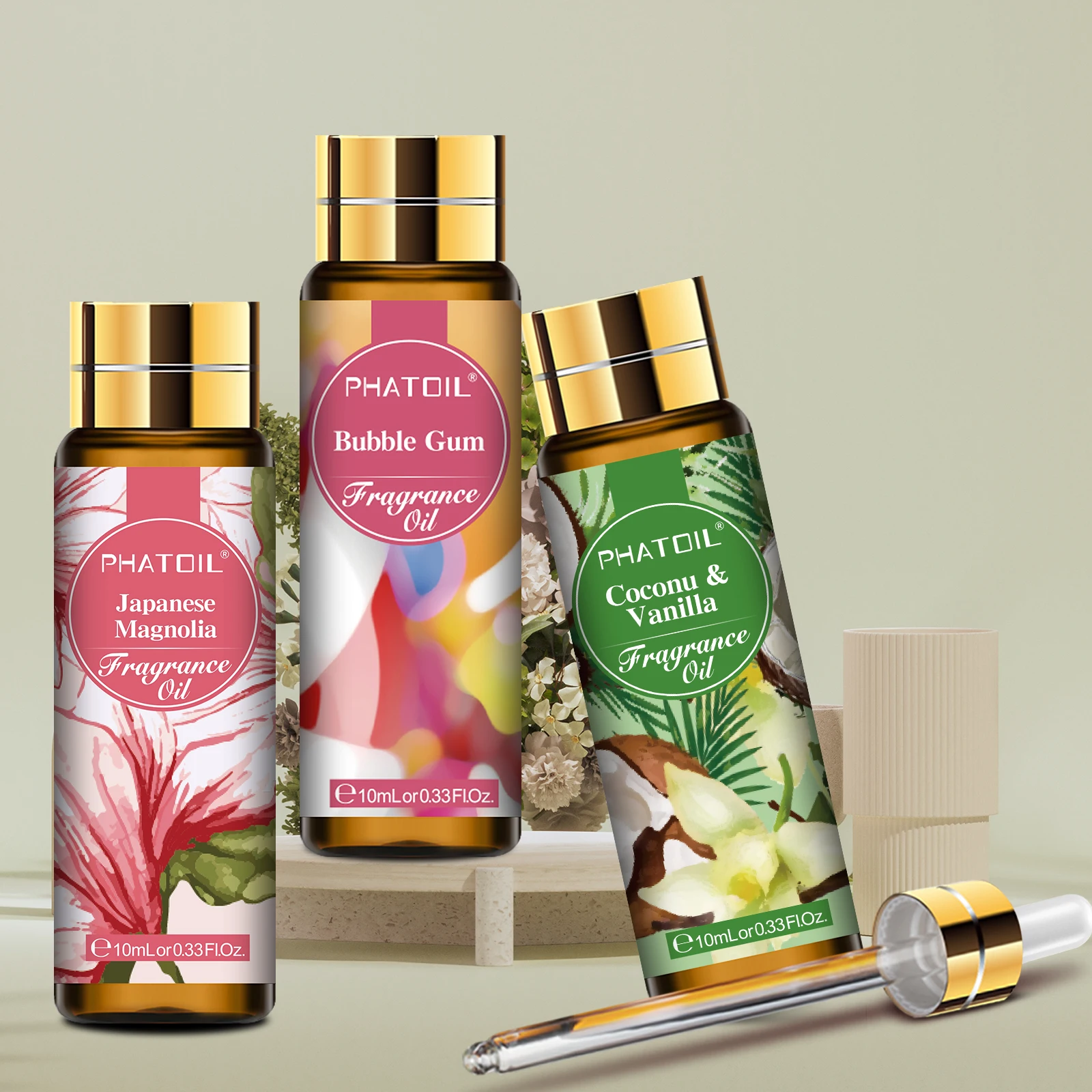 

PHATOIL 3 бутылки, набор ароматических масел для диффузора, ароматерапии, 10 мл, кокосовая и ванильная пузырьковая резинка, японские ароматические магнолии