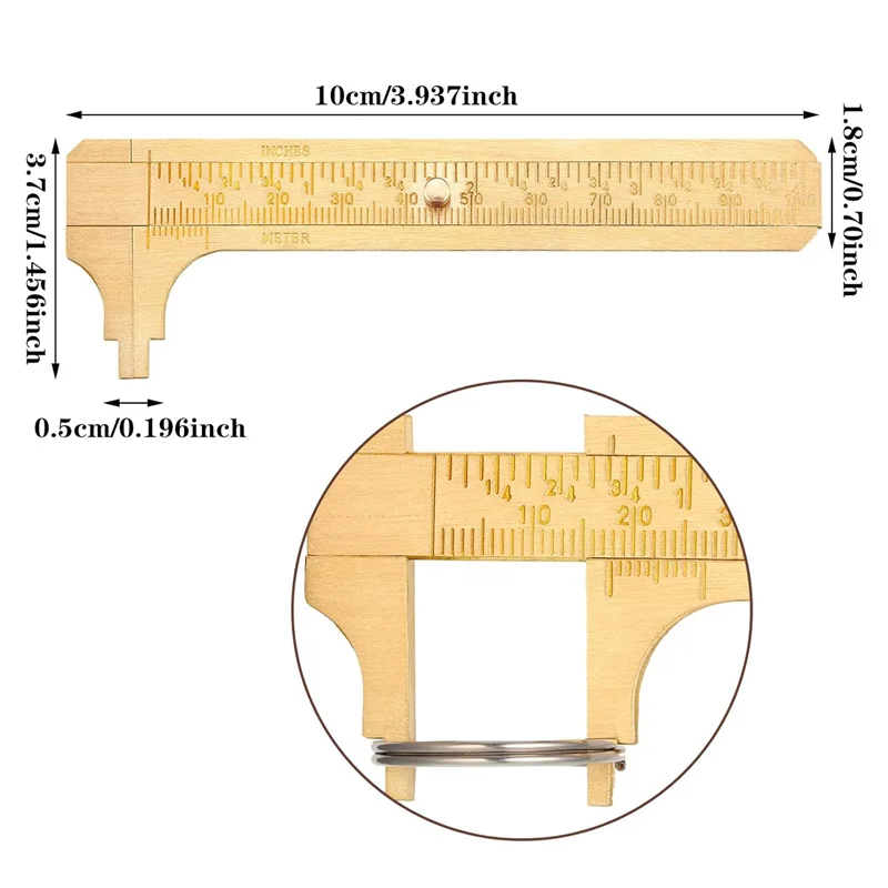 Brass Sliding Gauge Vernier Caliper Ruler Double Scales 100mm Brass Ruler Pocket Ruler for Bead Wire Jewels Rings Measurement