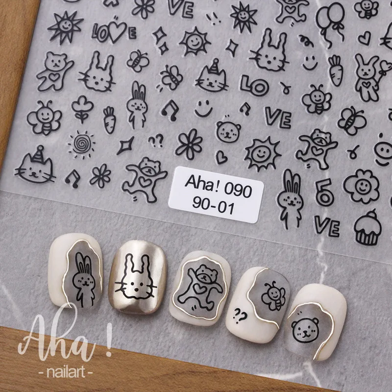 Cute  Graffiti Abstract Little Cat Dog Nail Stickers 3D Ultra-thin Self-Adhesive Sliders Nail Art Decoration Decals DIY Manicure