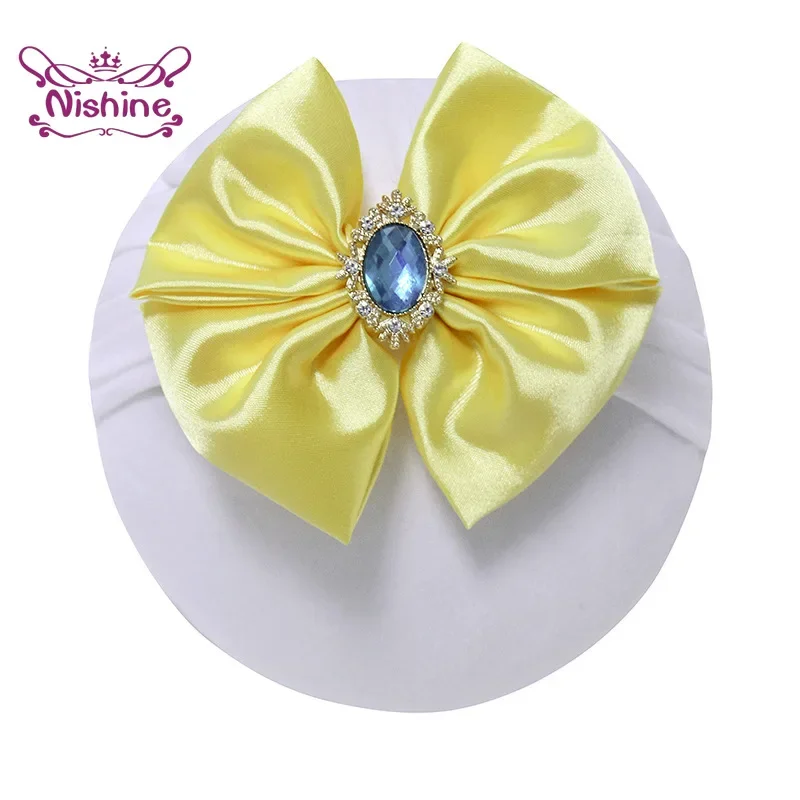 Nishine Solid Color Satin Bowknot Infant Headband with Rhinestone Baby Soft Comfortable Elastic Nylon Headwraps Kids Accessories