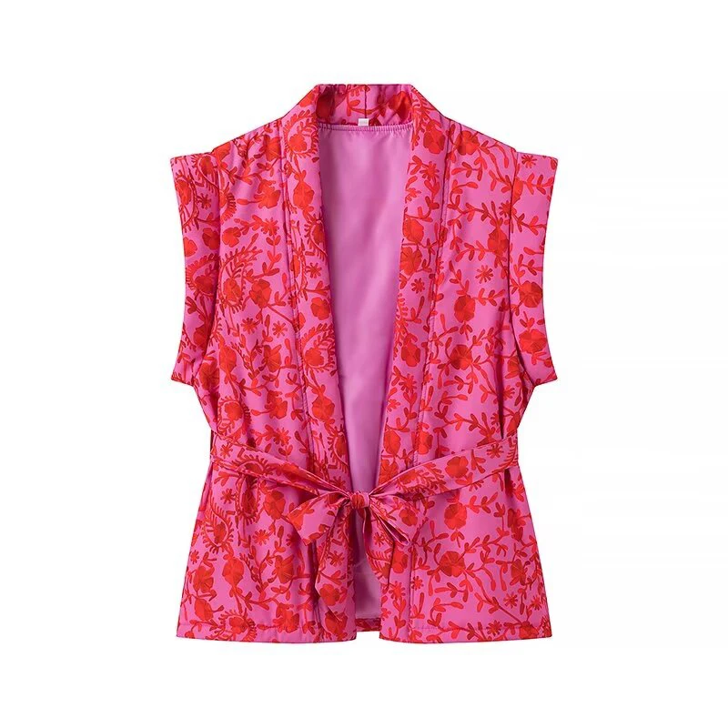 New Autumn Women With Belt Floral Print Vest Sleeveless Vintage Waistcoat Loose Coat