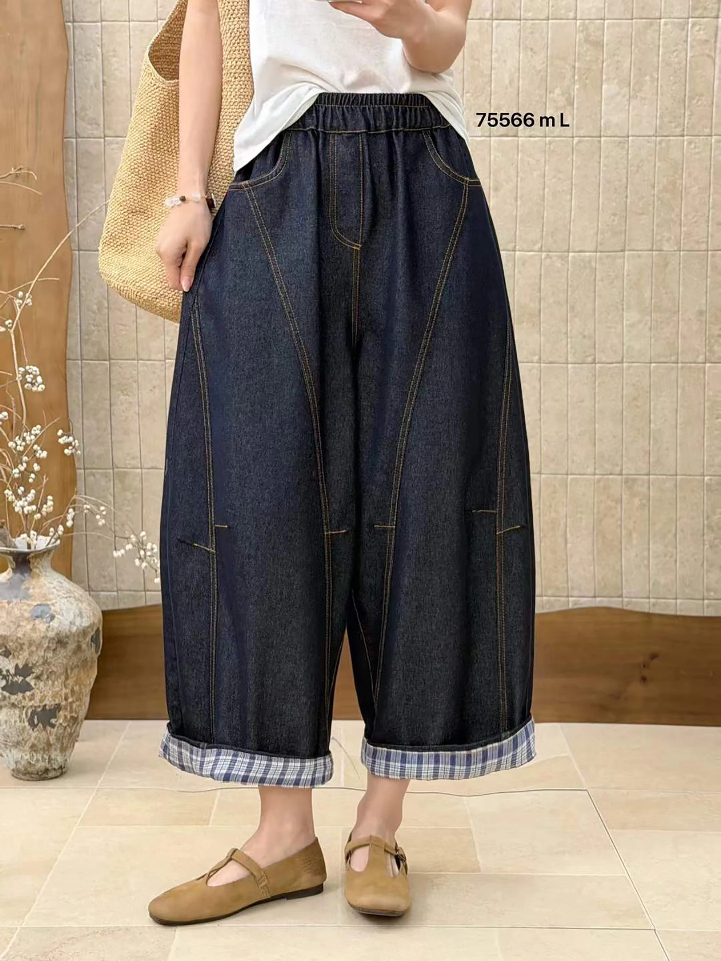 

Loose Wide Leg Jeans Women's Nine Points Splicing Design Spring Autumn New Style Casual Cotton Pants Comfortable Loose Fit