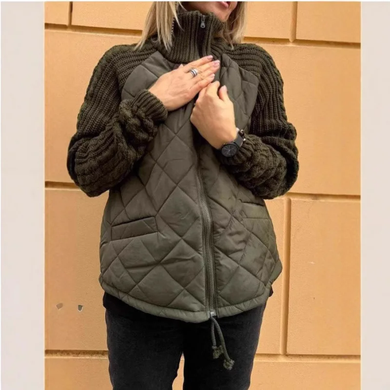 

2025 NEW Women's Warm Coat with Zipper Stand Collar Quilted Knit Trim Zip Up Long Sve Jacket Coat Winter Outerwear