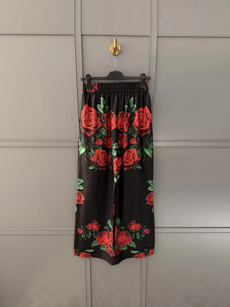 Spring Summer Fashion Indoor Daily Vintage Rose Print Silk Trousers Women's Drawstring Elastic Waist Straight Barrel Pants