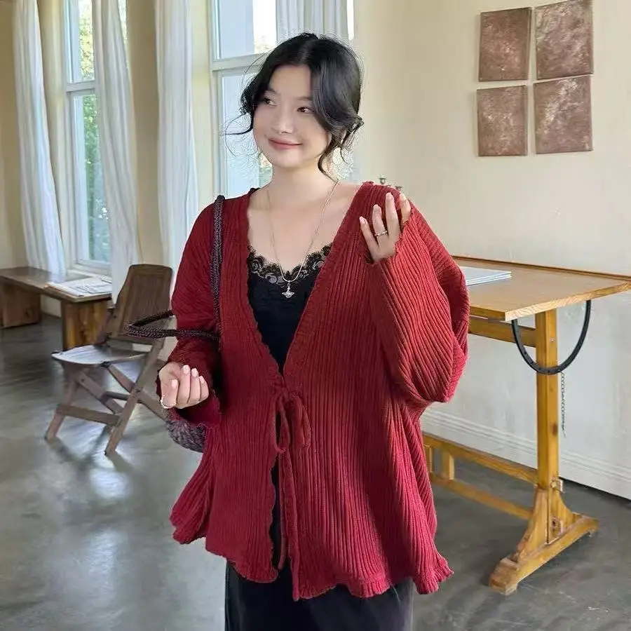

Elegant Red Tops Women's New Chinese Style Textured Bowtie Ribbon Cardigan Spring Autumn Tops France V-neck Overall Plus Size