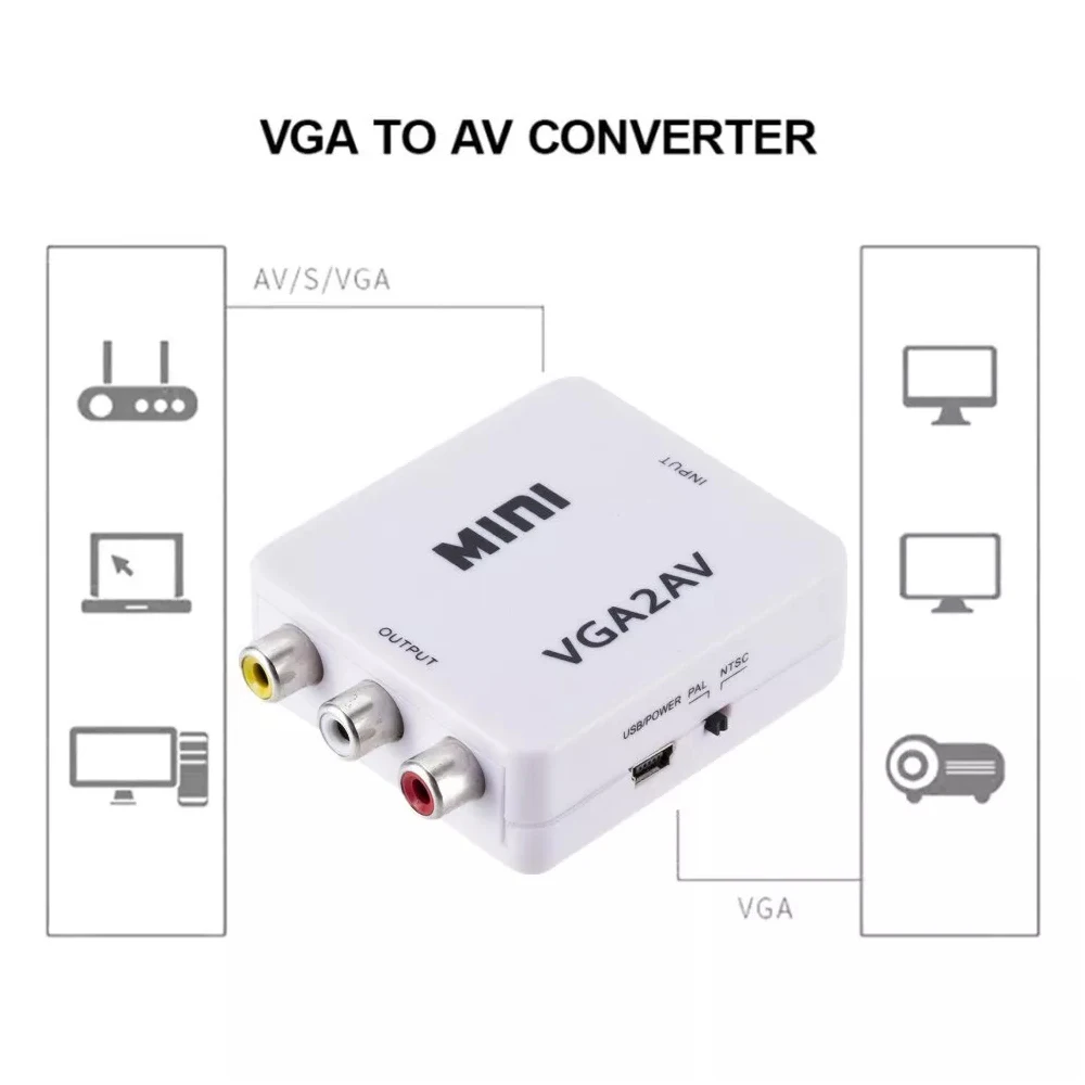 1080P VGA2AV Video Convertor Mini HD VGA to AV Converter with 3.5mm Audio Cable VGA to RCA Video Converter Plug and play