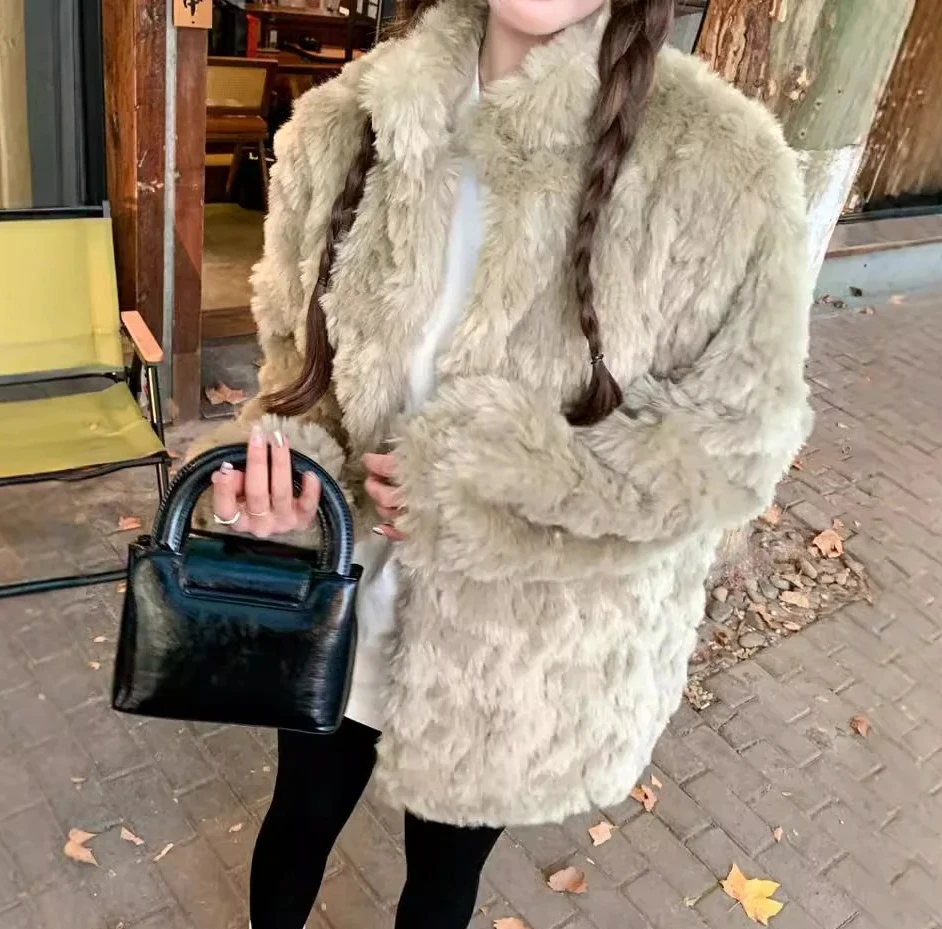 شتاء جديد فضفاض ملابس قطيفة غير رسمية معطف فرو صناعي الوقوف طوق شيرلينغ معطف للنساء الكورية موضة منتصف طول معطف الفرو