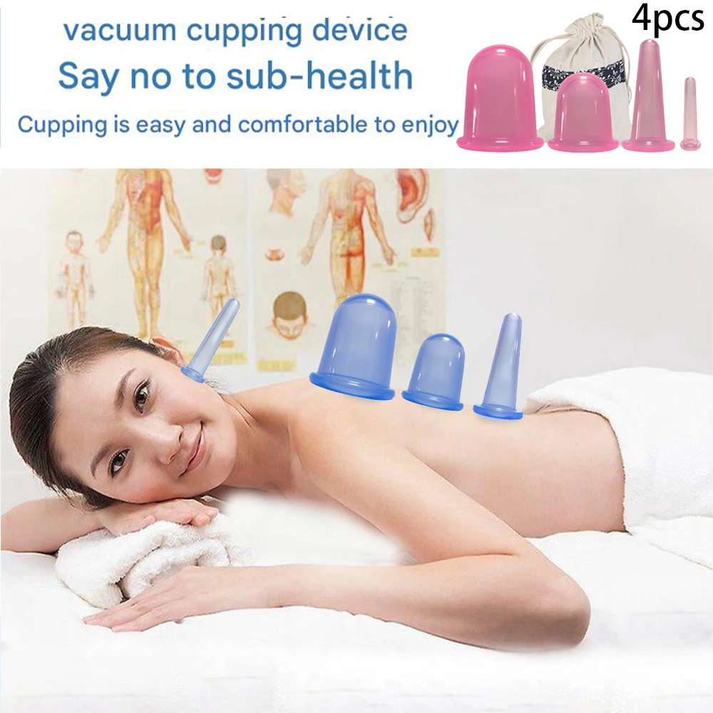 

Набор силиконовых банок из 4 предметов, массажная чашка от целлюлита, вакуумная чашка, присоска для Гуа Ша, портативный домашний ручной массажный инструмент