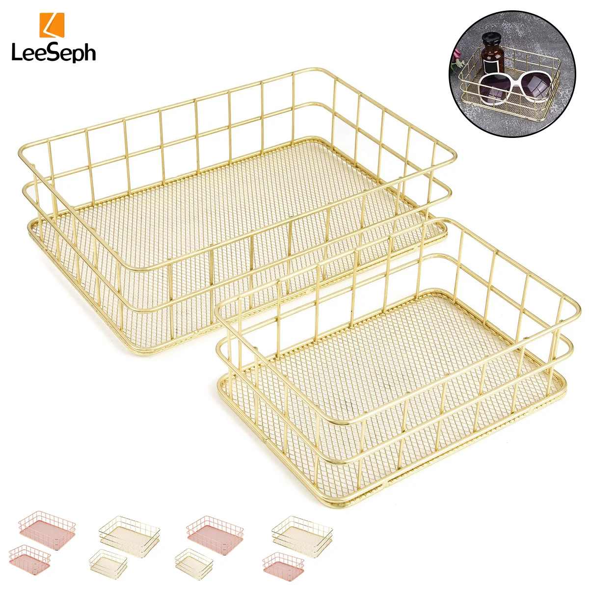 Leeseph Desktop Metal Storage Baskets, Multifunctional Snack Organizer Basket for Desktop, Bedroom, Living Room, Bathroom