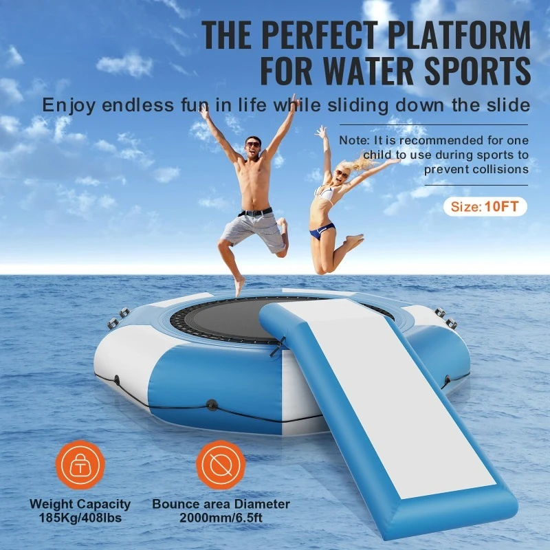 10ft Inflatable Water Bouncer Recreational Water Trampoline Portable Bounce Swim Platform with Slide 3-Step Ladder