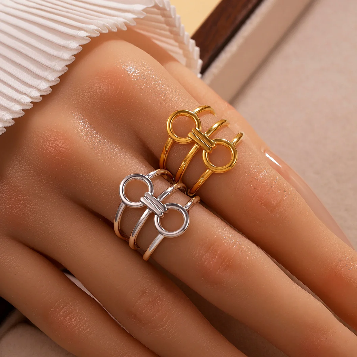 Stainless Steel Line Ring Neutral Multi Layer Chain Buckle Open Ring Luxury Non Fading Banquet Hand Aesthetic Jewelry Accessory