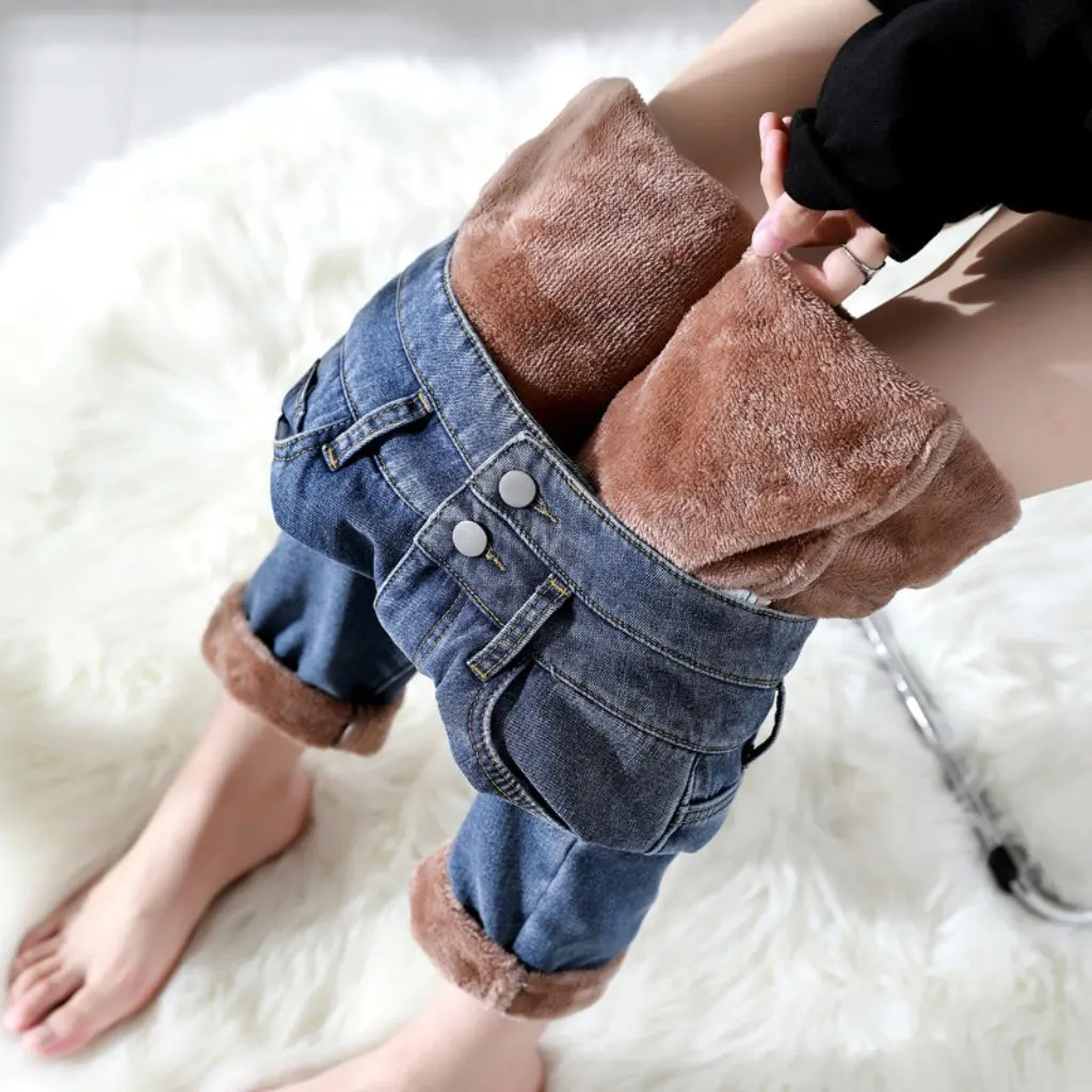 

Синие и черные широкие джинсы с высокой талией для женщин, облегающие прямые модные брюки на флисовой подкладке в корейском стиле на осень-зиму