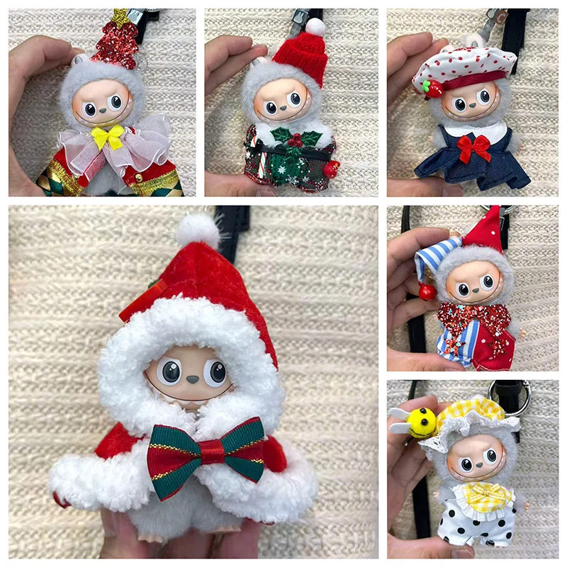 Apenas roupas labubu 4.0 10cm roupas de boneca conjunto de natal quarta geração mini labubu boneca conjunto de roupas presentes do festival sem boneca
