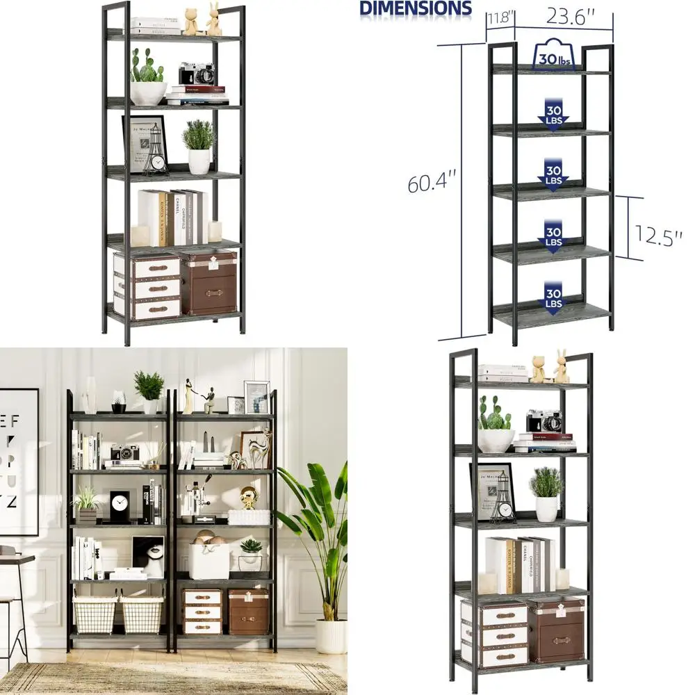 

5-Tier Bookshelf, Home Office Storage Organizer, Freestanding Shelving Unit for Bedroom, Living Room, and Home Office, Grey