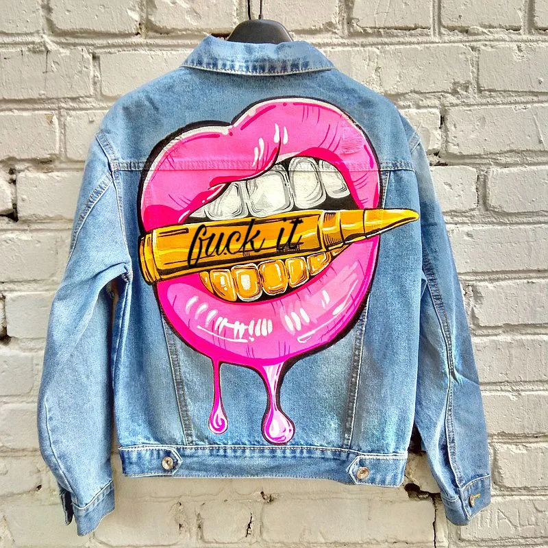 

Washed Denim Jacket for Women, Personalized Print, Lip Bite, Bullet Pattern, Spring and Autumn, Street Fashion, New, 2023