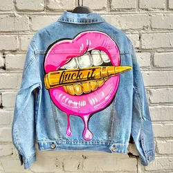 Washed Denim Jacket for Women, Personalized Print, Lip Bite, Bullet Pattern, Spring and Autumn, Street Fashion, New, 2023