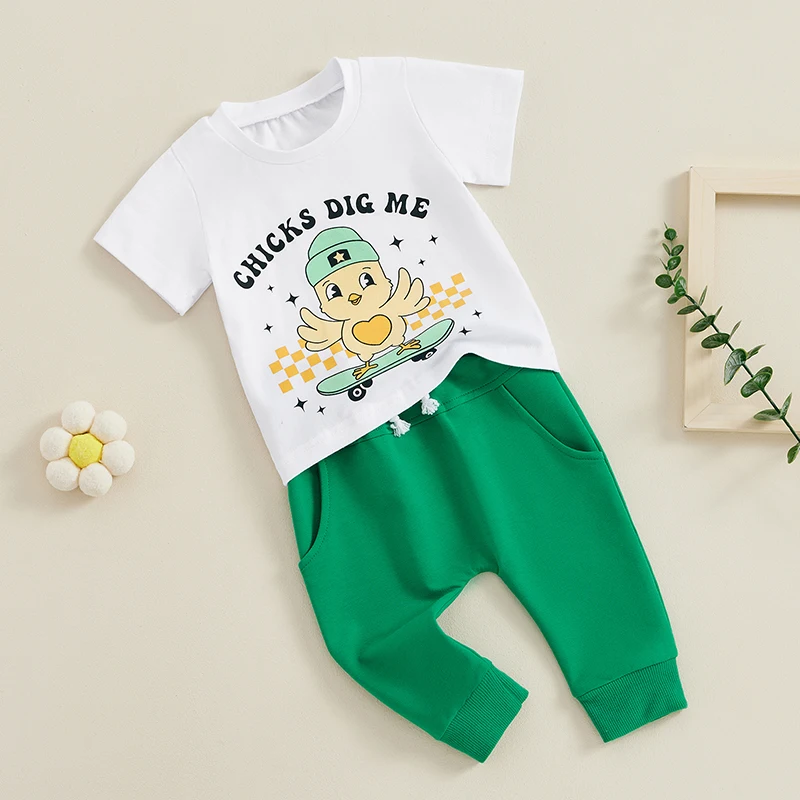 

Toddler Boy Easter Outfit Chicks Dig Me Letter Short Sleeve Shirt Tops Pants Set Infant Easter Clothes 2Pcs