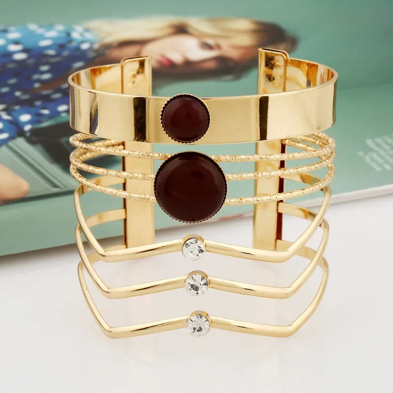 Widened Metallic Lines Exaggerated Cuff Bangle Punk Ladies Street Style Gold Color Bracelet Geometric Alloy Open Big Bangle