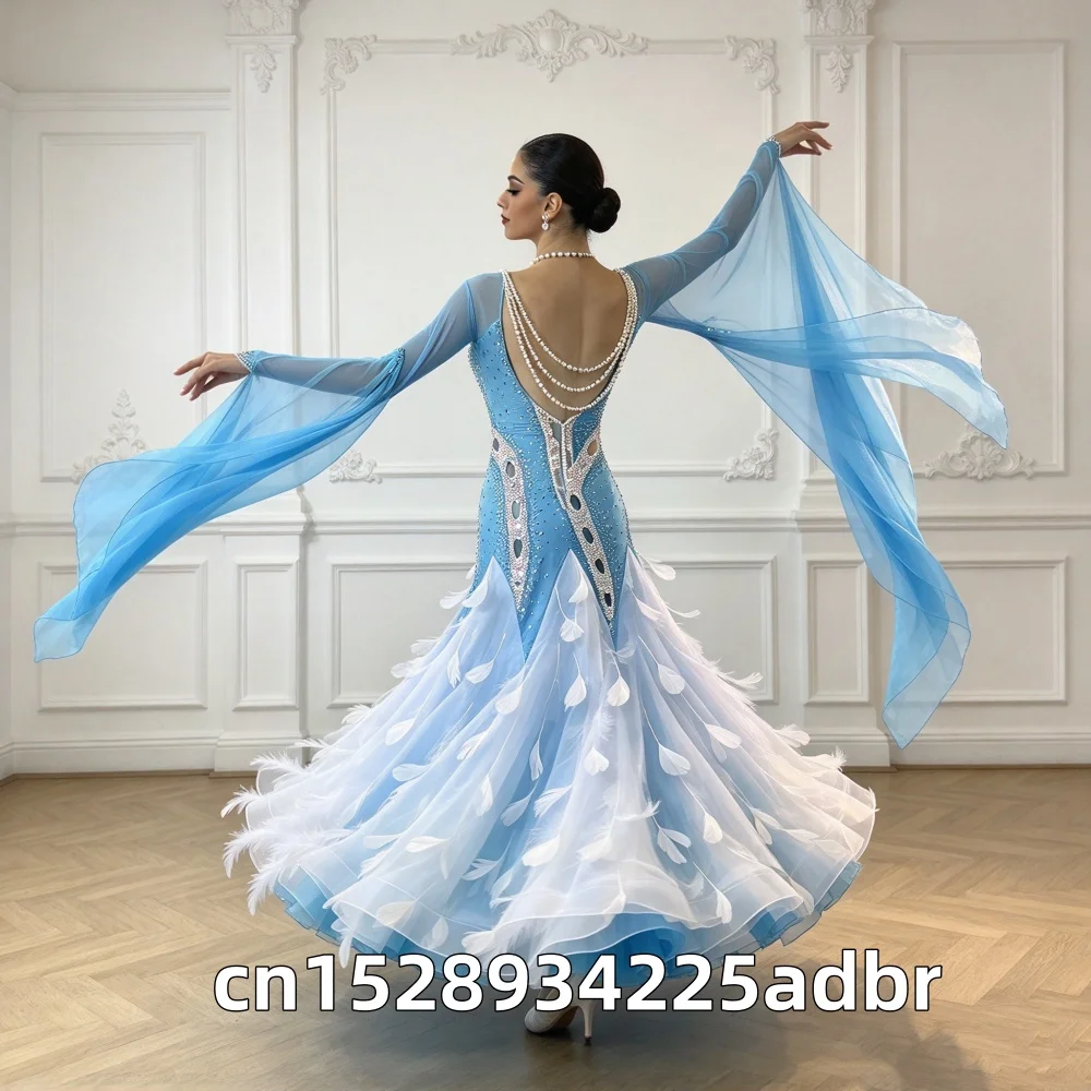 Blue Customized Chiffon Modern Dance Competition Skirt National Standard Dance Waltz Performance Dress Social Dance Big Skirt