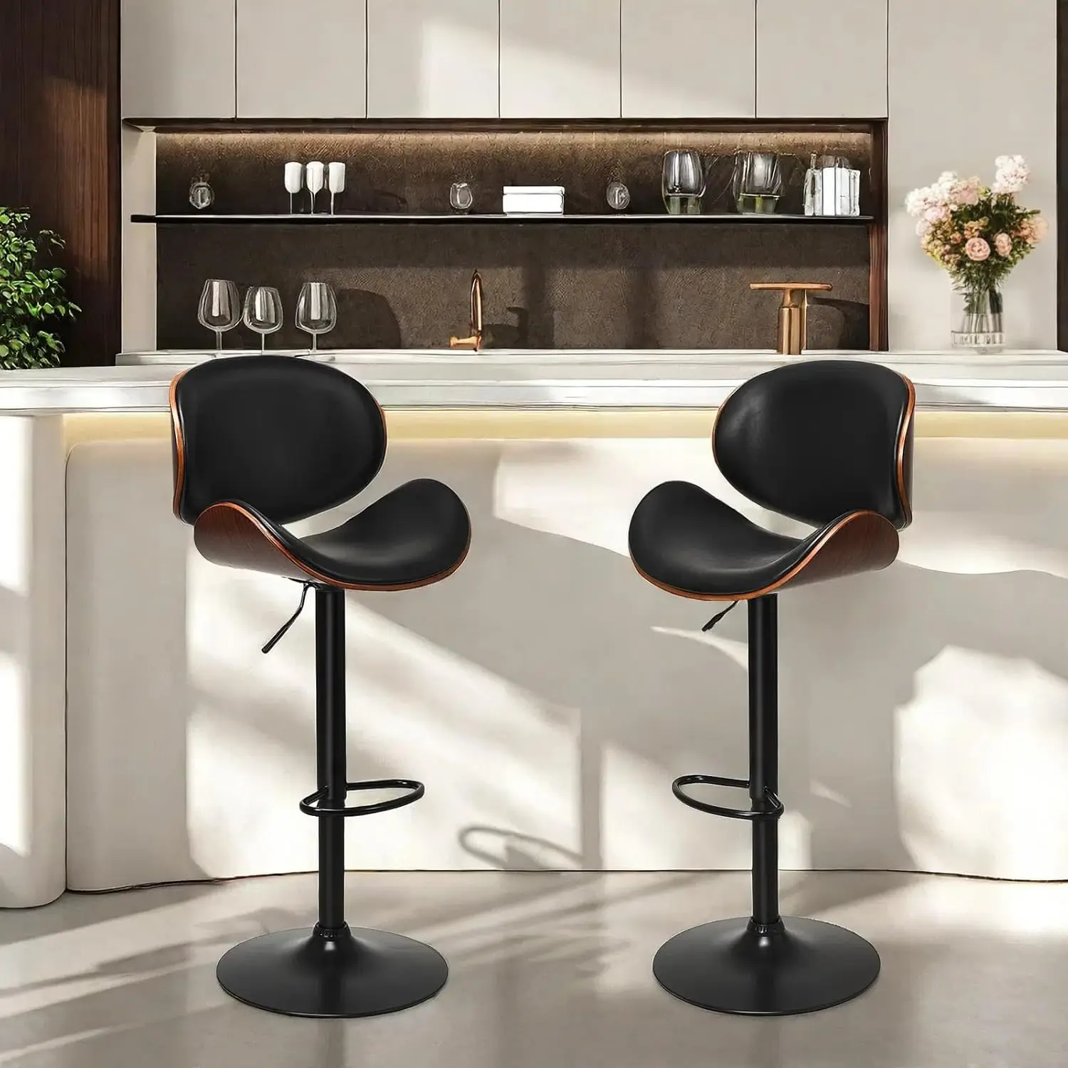 

Adjustable Bar Stools Set of 2 for Kitchen Island, Swivel Counter Barstools, PU Leather Upholstered Bar Chairs with Back for Bar