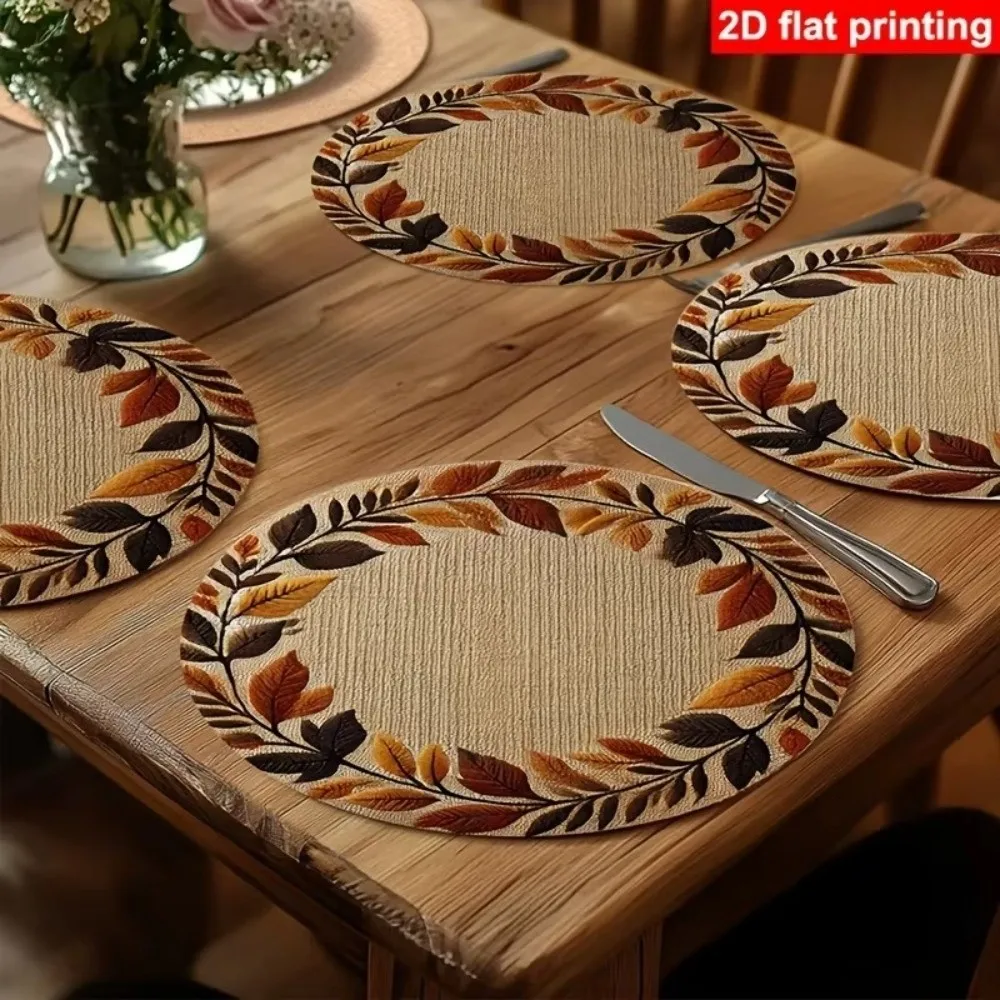 Round Placemat 2D Flat Fall Color Table Mat Heat Insulation Autumn Leaf Wreath Print Dining Decor Pad For Kitchen Dining Table