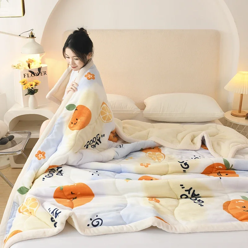 Thick Warm Sherpa Fleece Blanket Cute Orange Fruit Print Soft Plush Quilt Spring Autumn Faux Lambswool Bed Sofa Throw Blankets
