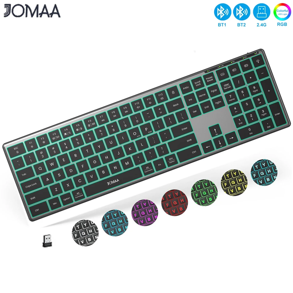 JOMAA Full Size RGB Bluetooth Wireless Keyboard Rechargeable Aluminum Alloy USB Keyboard for Macbook WIndows IOS Silent Click